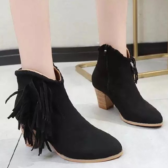Shoes - Bohemian Fringe Black Vegan Suede Ankle Boots
